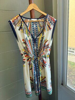 GLAM Geometric Print Sleeveless Shift Dress Drawstring Waist Split Neck